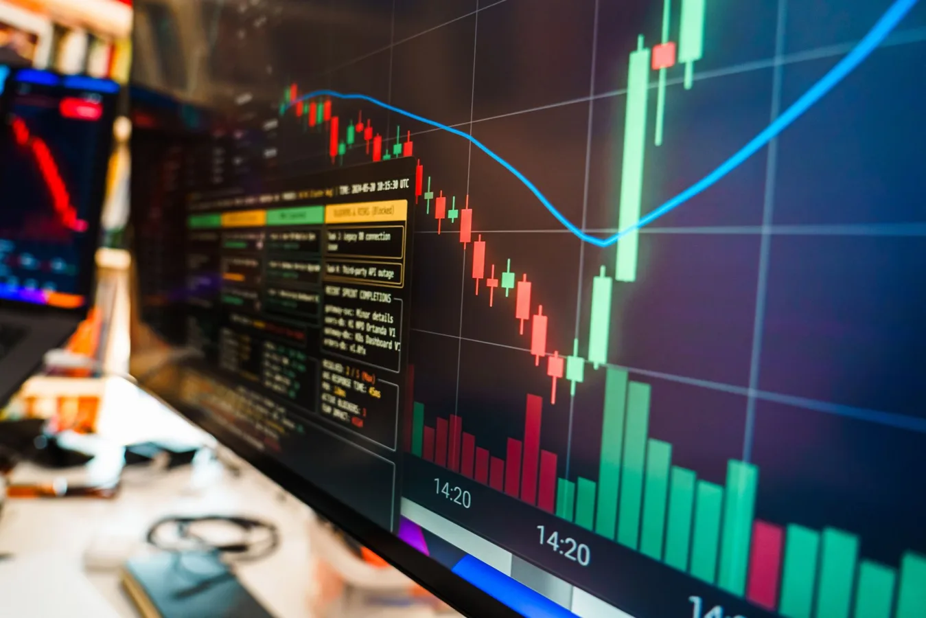 Close-up of a financial monitor displaying real-time cryptocurrency data and charts in a m