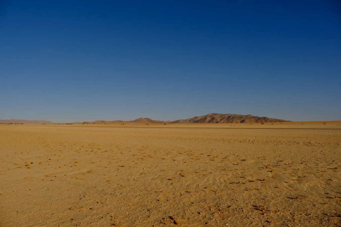 A wide expanse of desert under clear blue skies with distant mountain ranges.