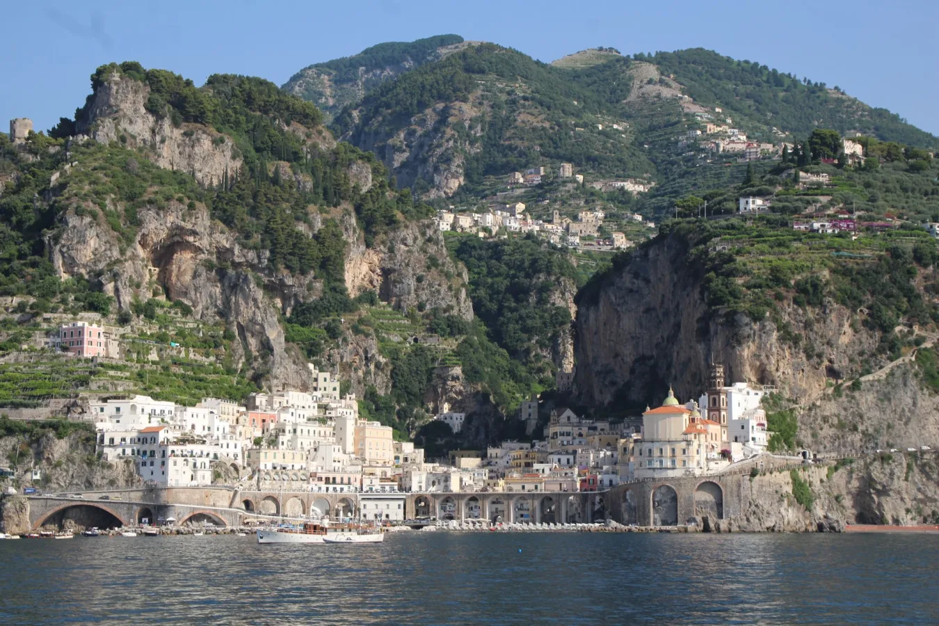 A picturesque town nestled by cliffs on the Amalfi Coast, Italy.
