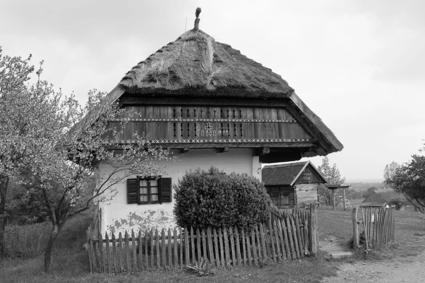 Black and white photo of a traditional thatched roof house in a rural landscape.