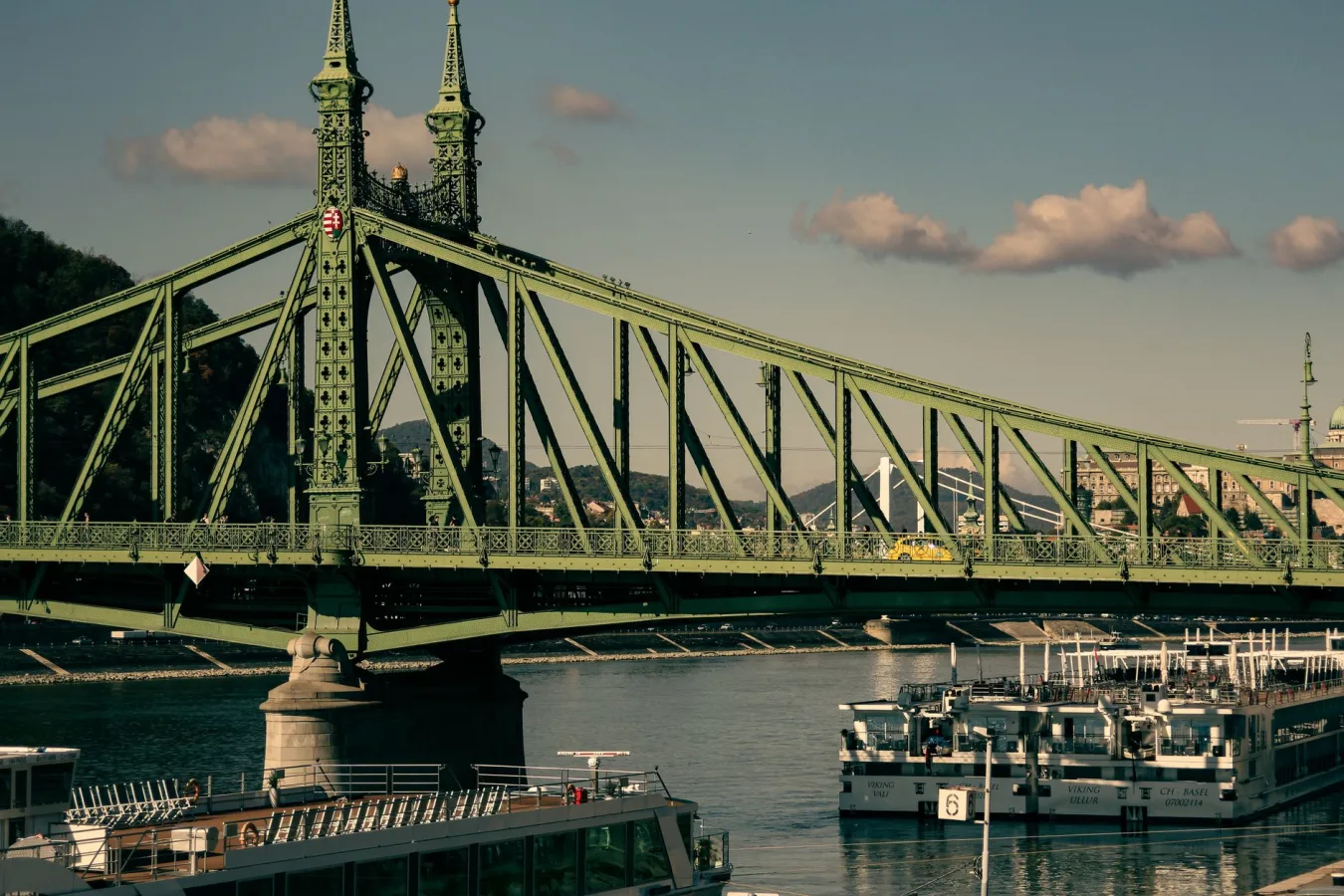 Scenic view of Liberty Bridge spanning the Danube River in Budapest, Hungary.
